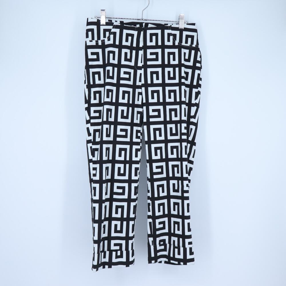 Insight NY Stretch Techno Crop Pant Black White Straight Geo Print Women's 10